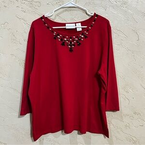 Alfred Dunner Red Embellished Women's Top size XL with Quarter Length Sleeves